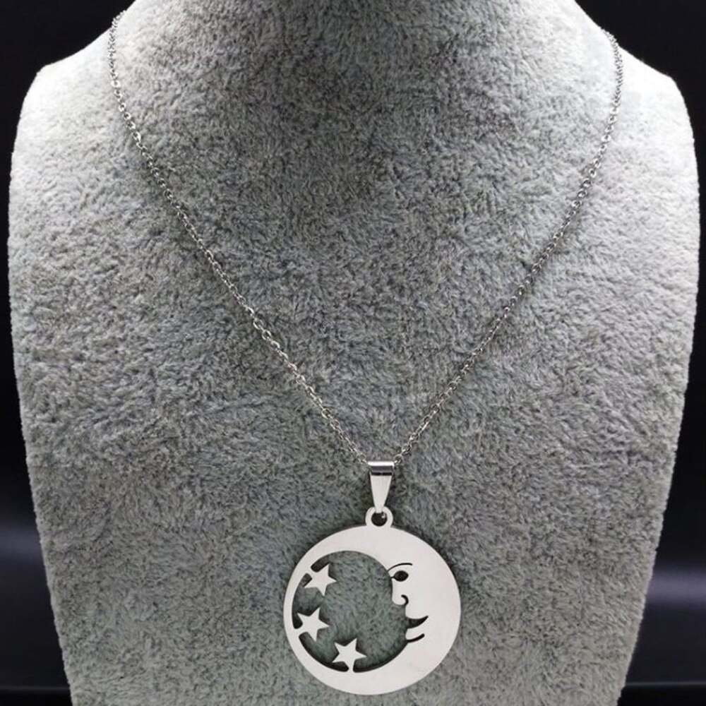 Moon Face and Stars Stainless Steel Necklace